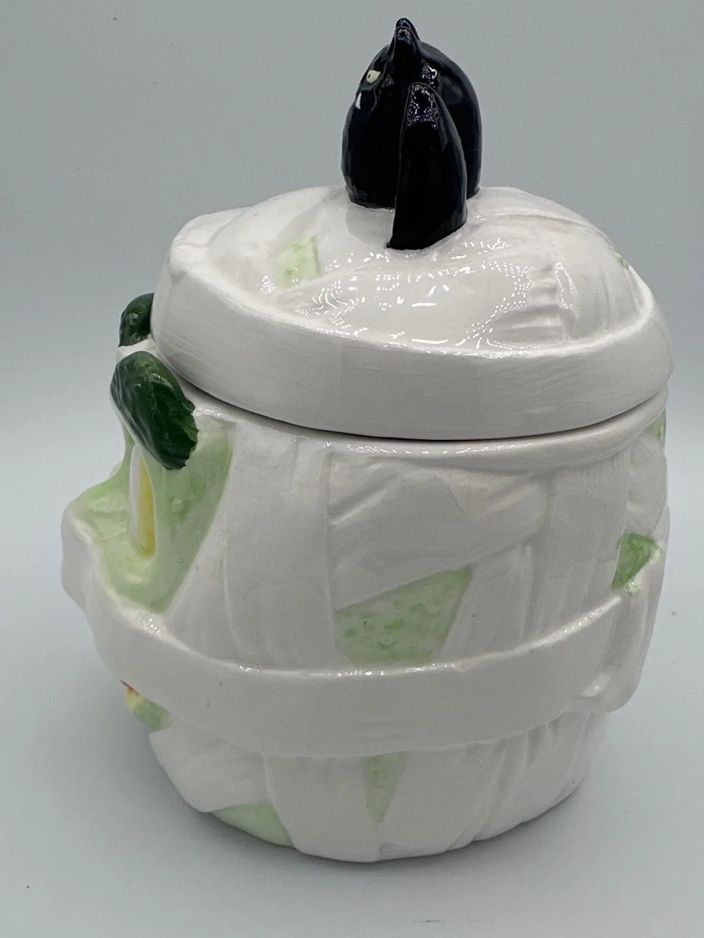 Halloween Mummy Treat Jar with Black Bat Lid - White & Green